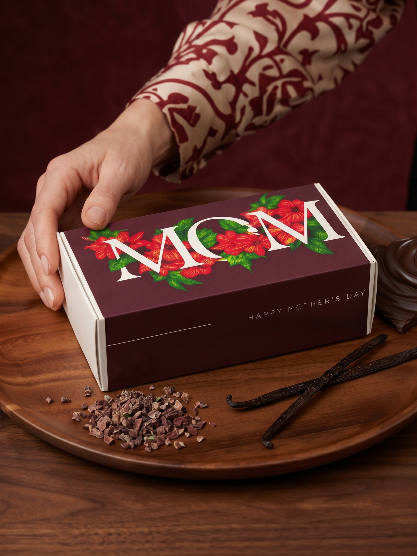 Luxury chocolates styled with coffee and flowers
Premium Mother’s Day gift box for women
Floral Mother’s Day chocolate arrangement
