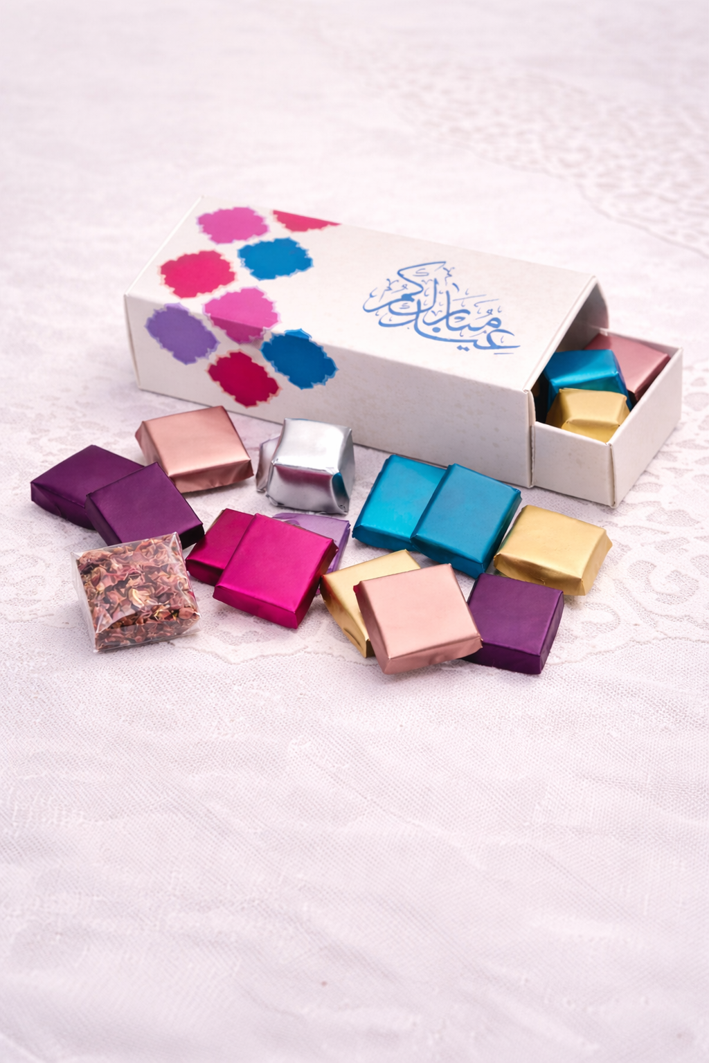 Eid chocolate gift box with colorful wrapped chocolates by Meeros Rich Bite